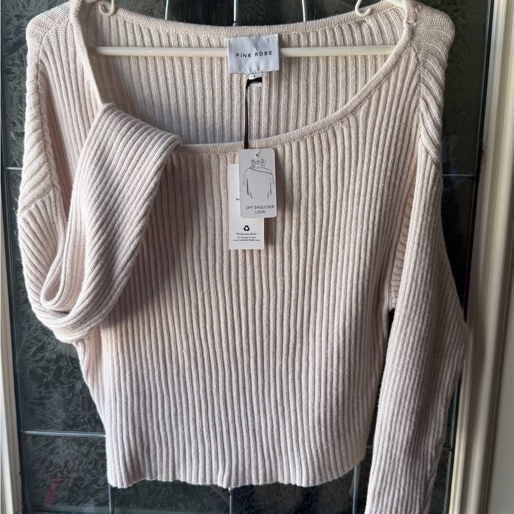 LAST CHANCE 
Pink Rose Off-the-Shoulder Cream Sweater